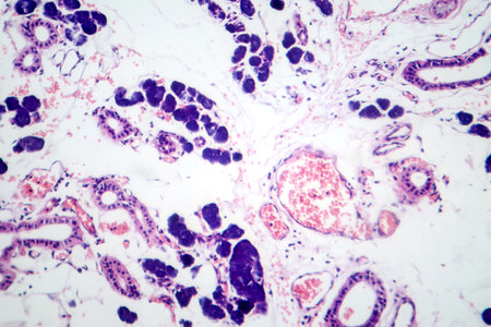Mixed parotid tumor, photomicrograph showing epithelial and myoepithelial cell components within chondromyxoid stroma, typical of pleomorphic adenoma.の写真素材