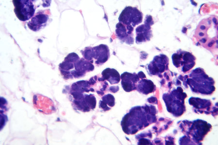 Mixed parotid tumor, photomicrograph showing epithelial and myoepithelial cell components within chondromyxoid stroma, typical of pleomorphic adenoma.の写真素材