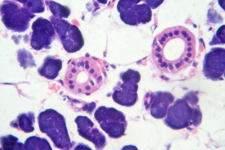 Mixed parotid tumor, photomicrograph showing epithelial and myoepithelial cell components within chondromyxoid stroma, typical of pleomorphic adenoma.の写真素材