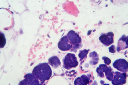 Mixed parotid tumor, photomicrograph showing epithelial and myoepithelial cell components within chondromyxoid stroma, typical of pleomorphic adenoma.の写真素材