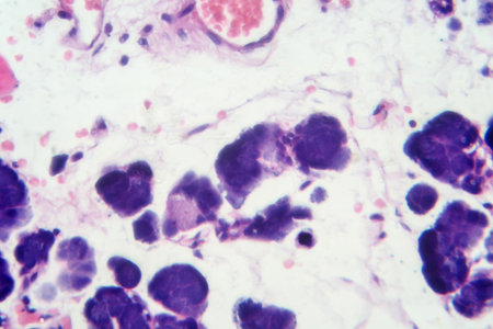 Mixed parotid tumor, photomicrograph showing epithelial and myoepithelial cell components within chondromyxoid stroma, typical of pleomorphic adenoma.の写真素材