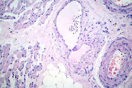 Skeletal muscle atrophy, photomicrograph showing decreased fiber size with increased spacing between them, reduced myofibrils, increased endomysial connective tissue with fatty infiltration.の写真素材