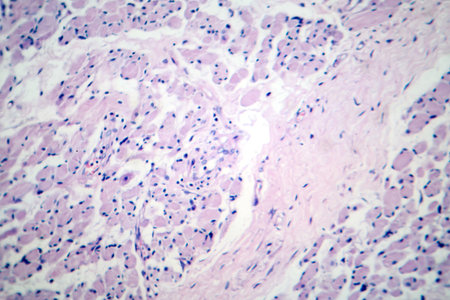 Skeletal muscle atrophy, photomicrograph showing decreased fiber size with increased spacing between them, reduced myofibrils, increased endomysial connective tissue with fatty infiltration.の写真素材