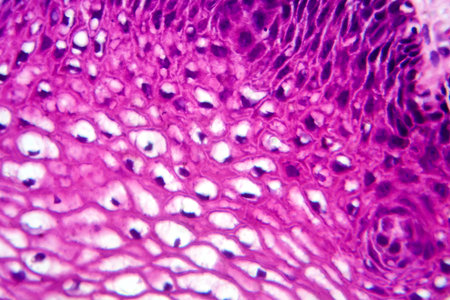 Atypical squamous epithelial hyperplasia, photomicrograph showing thickened stratified epithelium with nuclear atypia and basal layer crowding.の写真素材