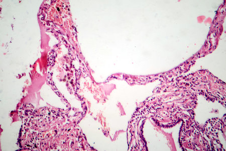 Red hepatization stage of lobar pneumonia, photomicrograph showing alveolar exudate with red cells, neutrophils, and fibrin strands.の写真素材