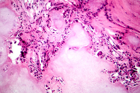 Gout tophus, photomicrograph showing amorphous, eosinophilic material with a foreign-body giant cell reaction and inflammation.の写真素材