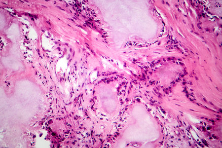 Gout tophus, photomicrograph showing amorphous, eosinophilic material with a foreign-body giant cell reaction and inflammation.の写真素材