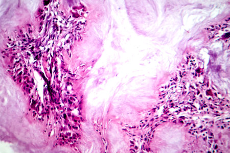 Gout tophus, photomicrograph showing amorphous, eosinophilic material with a foreign-body giant cell...
