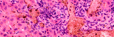 Coccidia in liver, photomicrograph showing intracellular parasitic protozoa causing hepatic coccidiosis with inflammation and hepatocellular damage.の写真素材