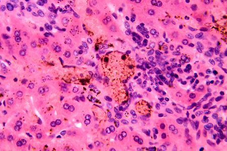 Coccidia in liver, photomicrograph showing intracellular parasitic protozoa causing hepatic coccidiosis with inflammation and hepatocellular damage.の写真素材