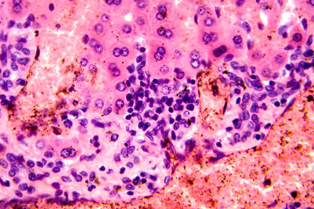 Coccidia in liver, photomicrograph showing intracellular parasitic protozoa causing hepatic coccidiosis with inflammation and hepatocellular damage.の写真素材