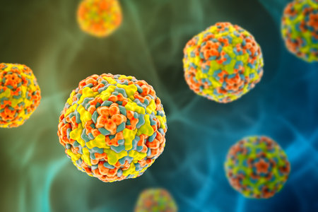 Enteroviruses, 3D illustration showing spherical, non-enveloped RNA viruses responsible for diseases like meningitis, myocarditis, hand-foot-mouth disease.の写真素材