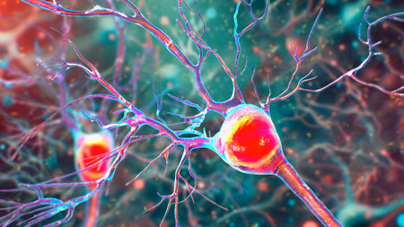 Purkinje neurons, 3D illustration showing large, branching neurons of the cerebellum responsible for motor coordination and balance control.の写真素材