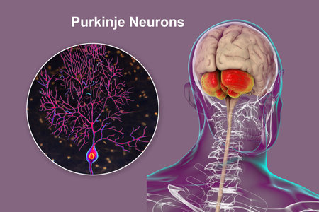 Human brain with highlighted cerebellum and close-up of Purkinje neurons, 3D illustration. Cerebellum controls balance and coordination, Purkinje cells are key neurons in motor function.の写真素材