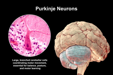 Human brain with highlighted cerebellum and close-up view of Purkinje neurons, involved in motor coordination, and affected in ataxias, 3D illustration and light micrograph.の写真素材