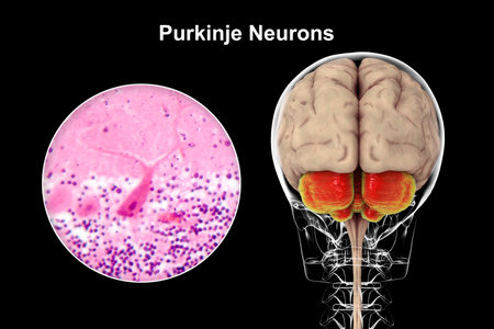 Human brain with highlighted cerebellum and close-up view of Purkinje neurons, involved in motor coordination, and affected in ataxias, 3D illustration and light micrograph.の写真素材
