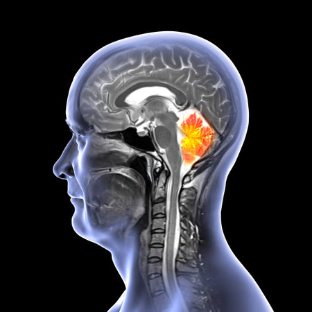 Cerebellum highlighted in the brain of a 44-year-old patient, showing structure involved in balance, coordination, and motor control, colored composite MRI image and 3D illustration.の写真素材