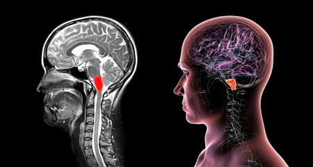 Medulla oblongata highlighted in human brain, colored MRI composite image and 3D illustration. Controls breathing, heartbeat, and other vital autonomic functions.の写真素材