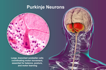 Human brain with highlighted cerebellum and close-up view of Purkinje neurons, involved in motor coordination, and affected in ataxias, 3D illustration and light micrograph.の写真素材