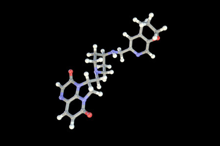 Gepotidacin molecule, 3D illustration. New-generation antibiotic targeting bacterial DNA replication. Effective against resistant pathogens like Neisseria gonorrhoeae and E. coli.の写真素材
