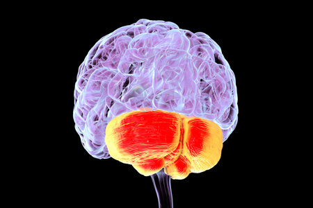 Human brain with highlighted cerebellum, 3D illustration. Cerebellum is responsible for coordination, balance, and fine motor control. Damaged in ataxia and neurodegenerative disorders.の写真素材