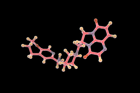 Gepotidacin molecule, 3D illustration. New-generation antibiotic targeting bacterial DNA replication. Effective against resistant pathogens like Neisseria gonorrhoeae and E. coli.の写真素材