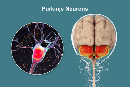 Human brain with highlighted cerebellum and close-up of Purkinje neurons, 3D illustration. Cerebellum controls balance and coordination, Purkinje cells are key neurons in motor function.の写真素材