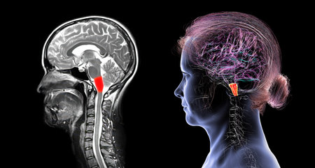 Medulla oblongata highlighted in human brain, colored MRI composite image and 3D illustration. Controls breathing, heartbeat, and other vital autonomic functions.の写真素材
