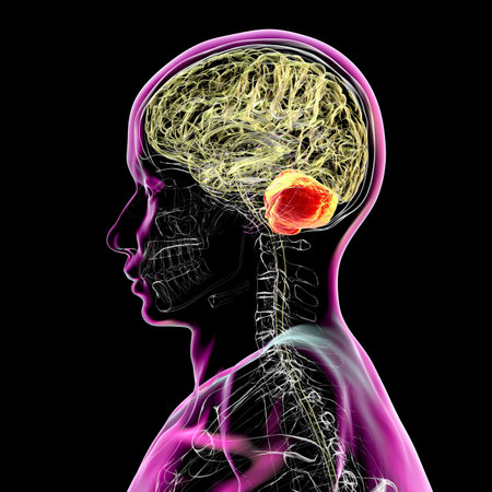 Human brain with highlighted cerebellum, 3D illustration. Cerebellum is responsible for coordination, balance, and fine motor control. Damaged in ataxia and neurodegenerative disorders.の写真素材