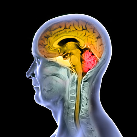 Colored composite MRI image and 3D illustration of the brain from a 44-year-old patient, with brain...
