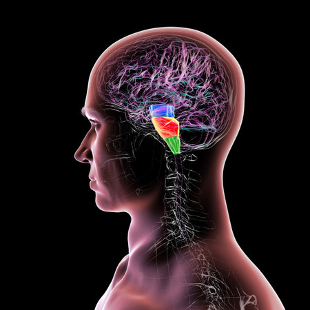 Brainstem highlighted in human brain: midbrain in blue, pons in orange, and medulla oblongata in green, 3D illustration.の写真素材