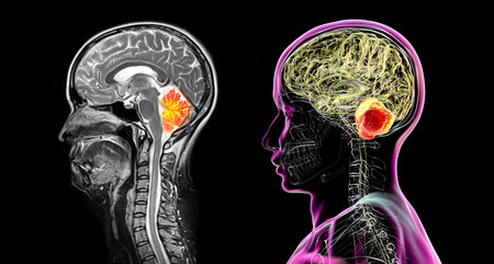 Cerebellum, 3D illustration and colored MRI composite image showing brain anatomy with highlighted cerebellum, important for coordination, balance, and motor control.の写真素材