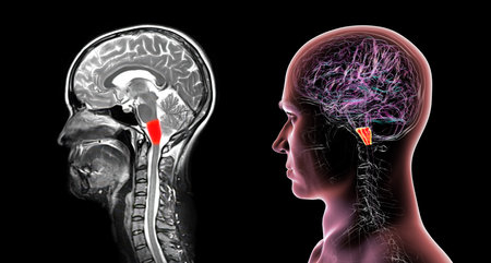 Medulla oblongata highlighted in human brain, colored MRI composite image and 3D illustration. Controls breathing, heartbeat, and other vital autonomic functions.の写真素材