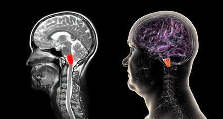 Medulla oblongata highlighted in human brain, colored MRI composite image and 3D illustration. Controls breathing, heartbeat, and other vital autonomic functions.の写真素材