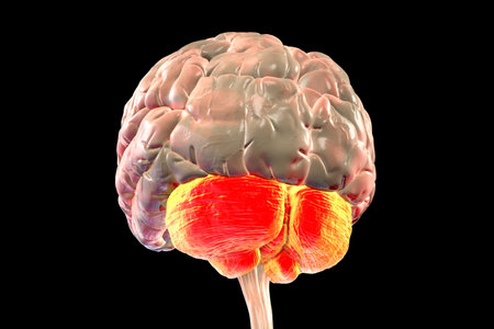 Human brain with highlighted cerebellum, 3D illustration. Cerebellum is responsible for coordination, balance, and fine motor control. Damaged in ataxia and neurodegenerative disorders.の写真素材