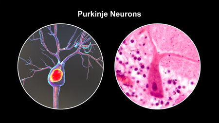Purkinje neurons, 3D illustration and light micrograph showing large, branching neurons of the cerebellar cortex, involved in motor coordination, and affected in ataxias.の写真素材