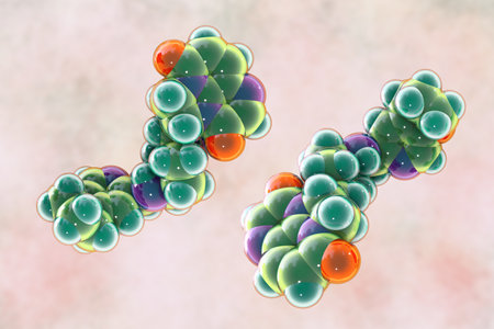 Gepotidacin molecule, 3D illustration. New-generation antibiotic targeting bacterial DNA replication. Effective against resistant pathogens like Neisseria gonorrhoeae and E. coli.の写真素材