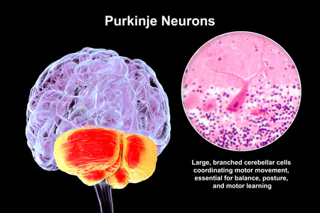 Human brain with highlighted cerebellum and close-up view of Purkinje neurons, involved in motor coordination, and affected in ataxias, 3D illustration and light micrograph.の写真素材
