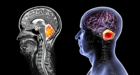 Cerebellum, 3D illustration and colored MRI composite image showing brain anatomy with highlighted cerebellum, important for coordination, balance, and motor control.の写真素材