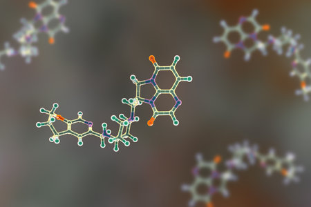 Gepotidacin molecule, 3D illustration. New-generation antibiotic targeting bacterial DNA replication. Effective against resistant pathogens like Neisseria gonorrhoeae and E. coli.の写真素材
