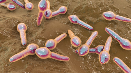 Clostridium botulinum, 3D illustration. Bacterium producing botulinum toxin, leading to botulism with flaccid paralysis and respiratory failure.の写真素材
