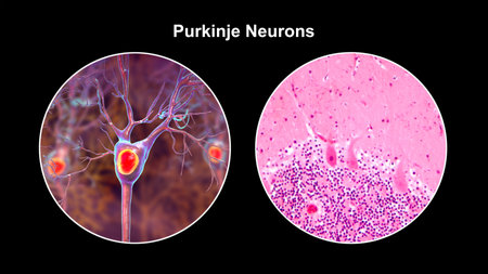 Purkinje neurons, 3D illustration and light micrograph showing large, branching neurons of the cerebellar cortex, involved in motor coordination, and affected in ataxias.の写真素材
