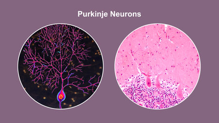Purkinje neurons, 3D illustration and light micrograph showing large, branching neurons of the cerebellar cortex, involved in motor coordination, and affected in ataxias.の写真素材