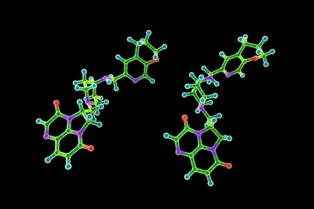 Gepotidacin molecule, 3D illustration. New-generation antibiotic targeting bacterial DNA replication. Effective against resistant pathogens like Neisseria gonorrhoeae and E. coli.の写真素材