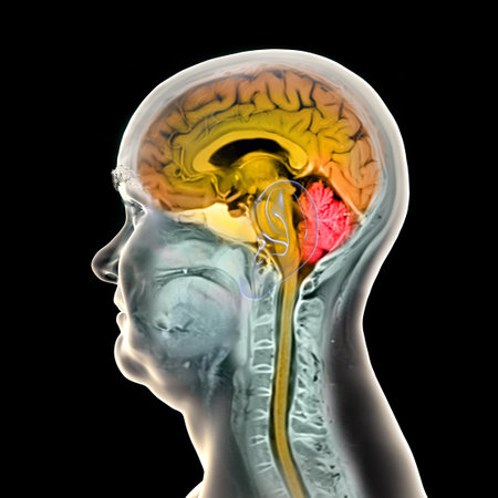 Colored composite MRI image and 3D illustration of the brain from a 44-year-old patient, with brain and spinal cord highlighted in orange and cerebellum in red.の写真素材
