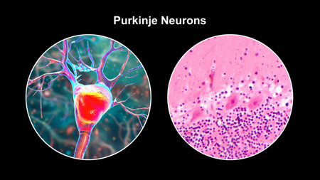 Purkinje neurons, 3D illustration and light micrograph showing large, branching neurons of the cerebellar cortex, involved in motor coordination, and affected in ataxias.の写真素材
