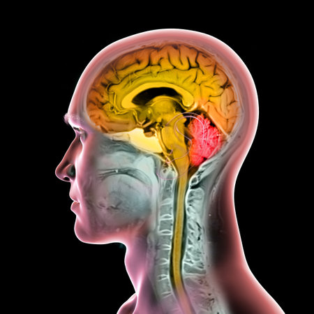 Colored composite MRI image and 3D illustration of the brain from a 44-year-old patient, with brain and spinal cord highlighted in orange and cerebellum in red.の写真素材