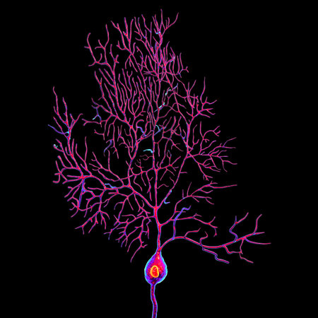 Purkinje neurons, 3D illustration showing large, branching neurons of the cerebellar cortex, involved in motor coordination, and affected in ataxias.の写真素材