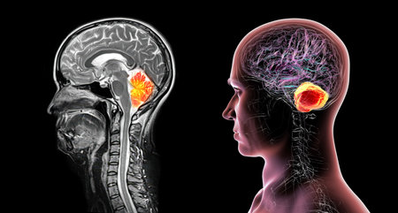 Cerebellum, 3D illustration and colored MRI composite image showing brain anatomy with highlighted cerebellum, important for coordination, balance, and motor control.の写真素材