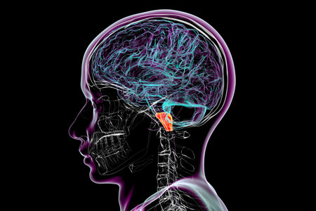 Medulla oblongata highlighted in human brain, 3D illustration. Controls breathing, heartbeat, and other vital autonomic functions.の写真素材